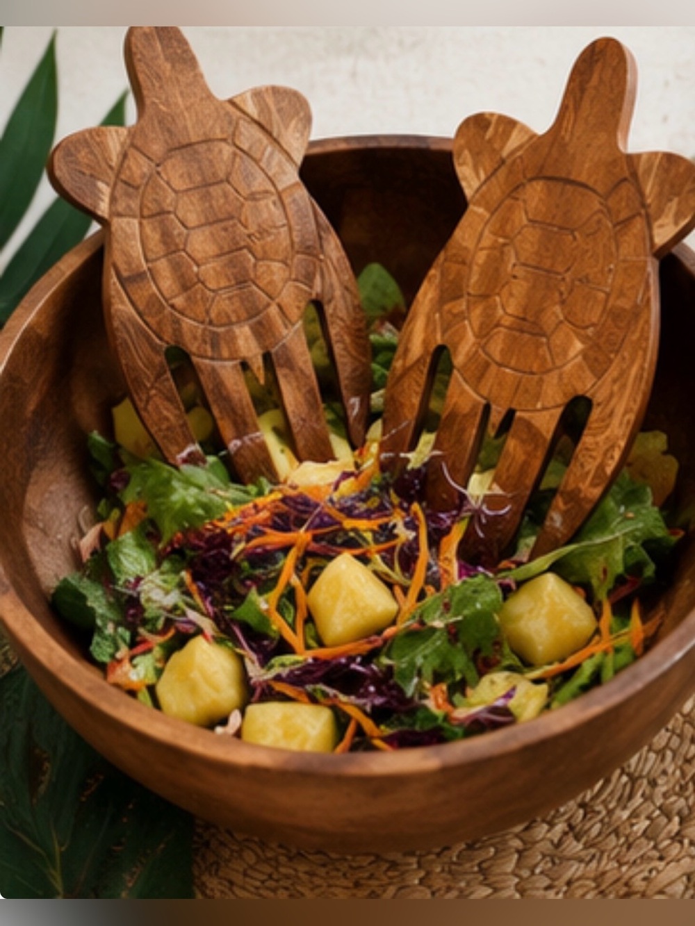 Vintage Carved Wood Sea Turtle Salad Servers Hawaiian Coastal Tiki Pair
